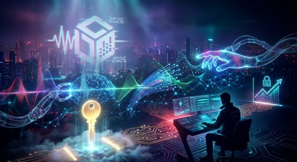 Un experto en ciberseguridad o tecnología trabajando en un escritorio con múltiples pantallas, en un entorno digital futurista. Se muestran elementos como un icono de bloque de datos con el año 2026, ondas sonoras, un brazo robótico, un cerebro digital, una llave de oro brillante, circuitos electrónicos, flujo de datos, un gráfico ascendente con un candado de seguridad y una mano holográfica, simbolizando la protección de datos y la inteligencia artificial.