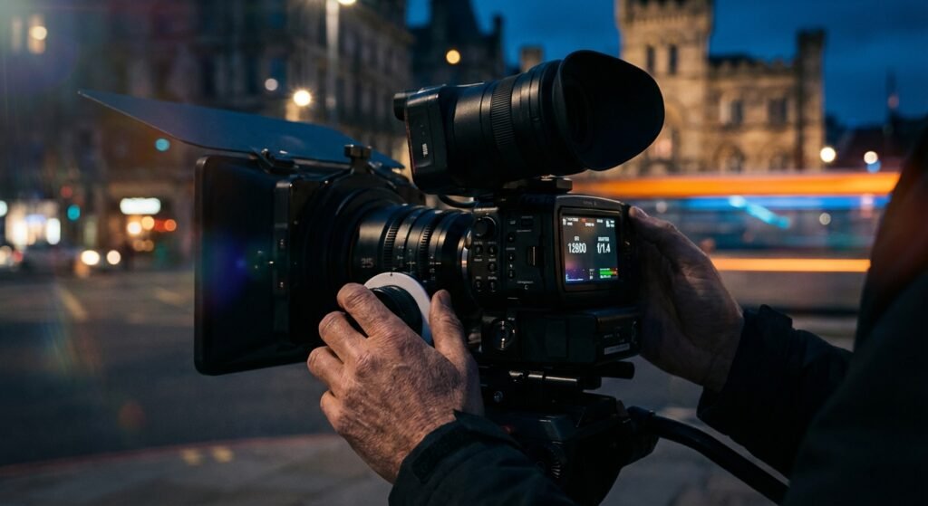 Manos de un operador ajustando una cámara de cine profesional Blackmagic Design con un gran objetivo y matte box, en un entorno urbano nocturno con luces de la ciudad y rastros de luz de vehículos.