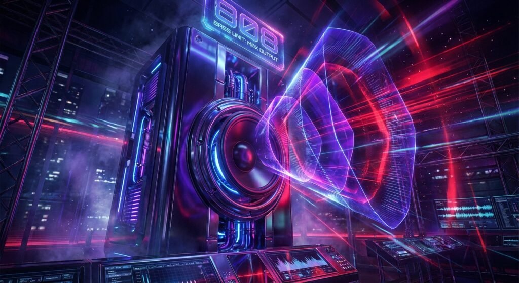 Una unidad de bajos futurista grande con altavoz, iluminada con luces de neón azules, moradas y rojas, y el texto '808 BASS UNIT: MAX OUTPUT'. Ondas de energía de sonido moradas y rojas irradian del altavoz. La escena muestra un estudio de música de alta tecnología con consolas de mezcla y un paisaje urbano nocturno con andamios al fondo.