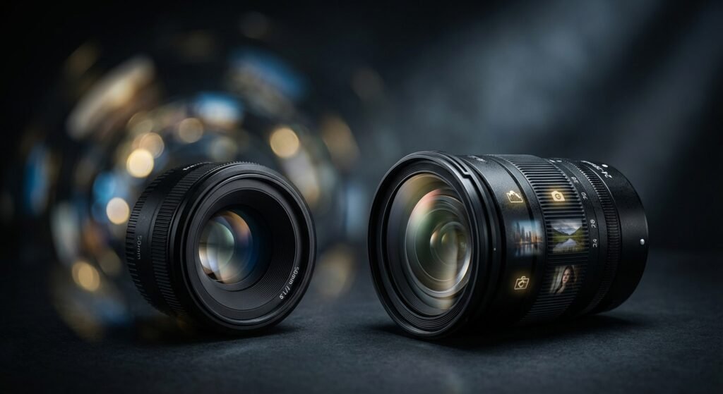 Dos objetivos de cámara negros, uno fijo 50mm f/1.9 y otro zoom 24-70mm con pantalla digital que muestra iconos e imágenes, sobre una superficie oscura con fondo desenfocado de luces bokeh.