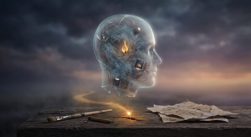 Una cabeza humana translúcida con circuitos, humo y una llama ardiente en su interior, flotando sobre un cielo nublado de atardecer. Abajo, sobre una superficie de madera, un pincel, un lápiz roto, un fuego artificial encendido y papeles arrugados.