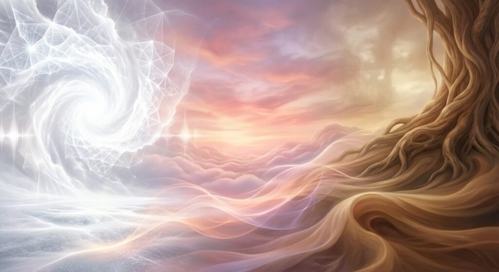 Paisaje surrealista con un vórtice de luz blanca brillante y patrones geométricos a la izquierda, un cielo de atardecer con nubes ondulantes rosadas y naranjas en el centro, y el tronco de un árbol antiguo con raíces entrelazadas a la derecha.