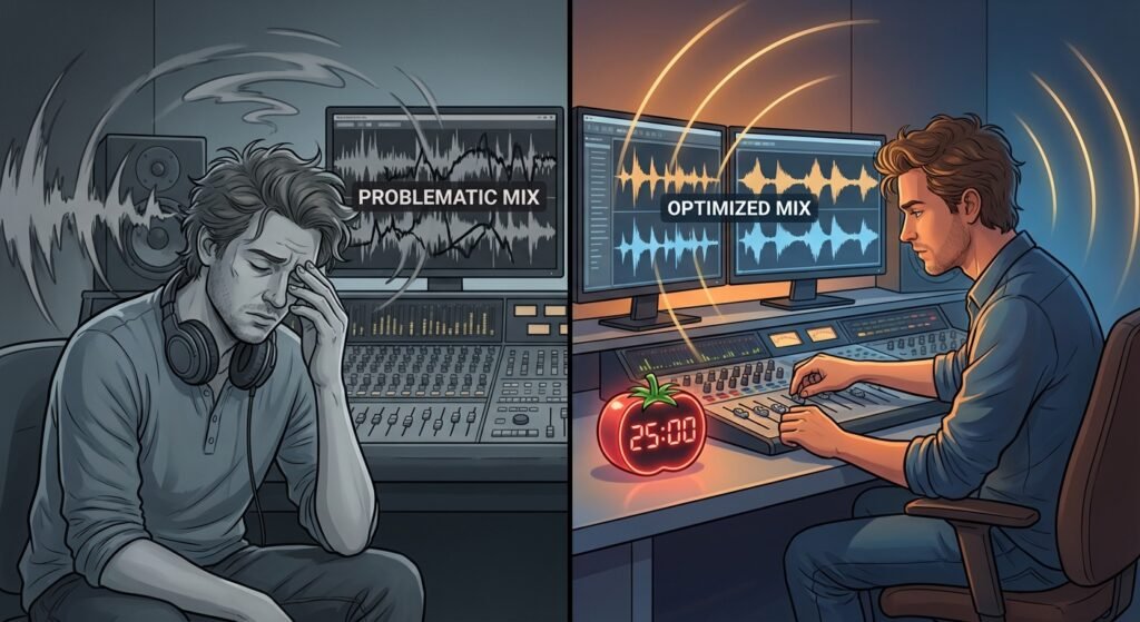 Un hombre en un estudio de grabación. La mitad izquierda muestra al hombre frustrado frente a una pantalla con una "mezcla problemática" y ondas de sonido caóticas. La mitad derecha lo muestra concentrado, trabajando en una "mezcla optimizada" con ondas claras y un temporizador Pomodoro en el escritorio.