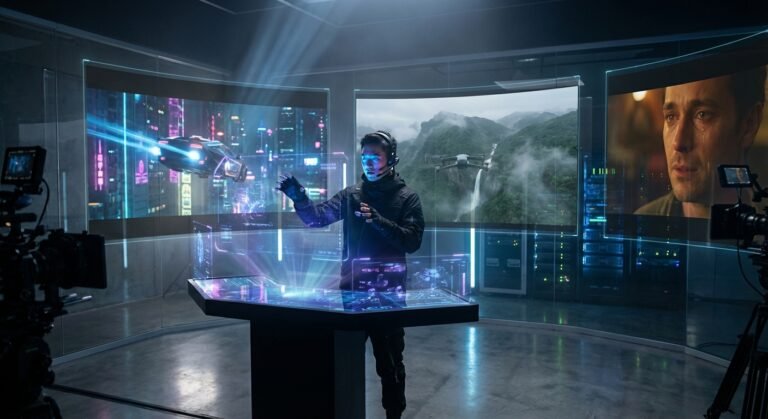 Un presentador en un estudio de producción virtual interactúa con una mesa de control y grandes pantallas holográficas. Las pantallas muestran un coche futurista en una ciudad, un dron en un paisaje montañoso y un hombre llorando.