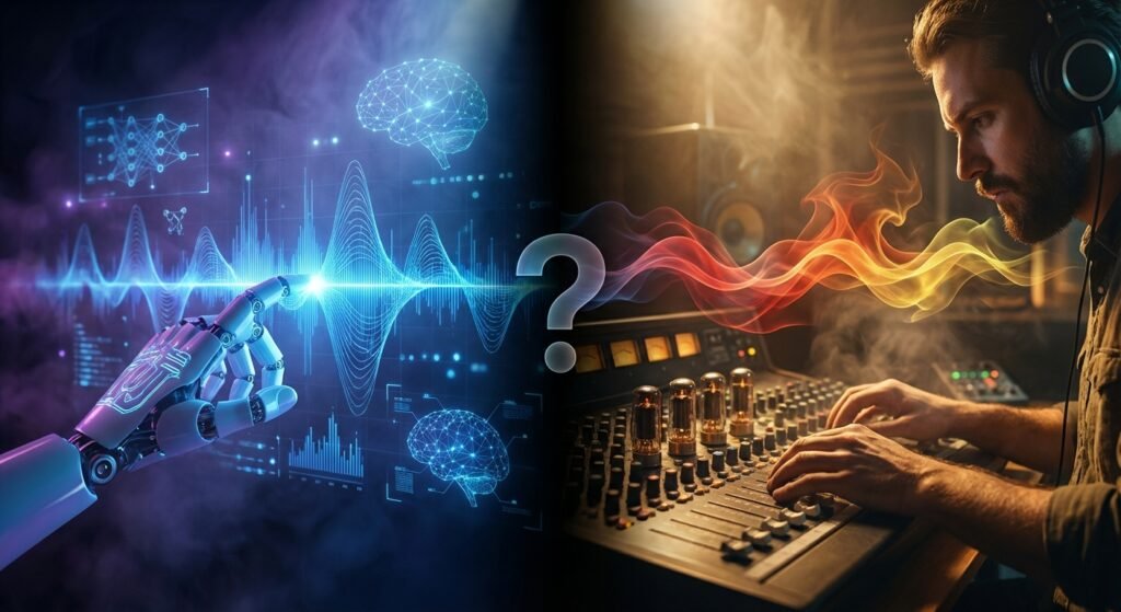La imagen compara dos enfoques de creación musical, dividida por un signo de interrogación. A la izquierda, una mano robótica interactúa con una interfaz holográfica digital que muestra ondas de sonido y diagramas de IA en tonos azules. A la derecha, un ingeniero de sonido humano con auriculares opera una mesa de mezclas analógica con tubos de vacío, envuelto en humo cálido y creativo, en tonos naranjas.