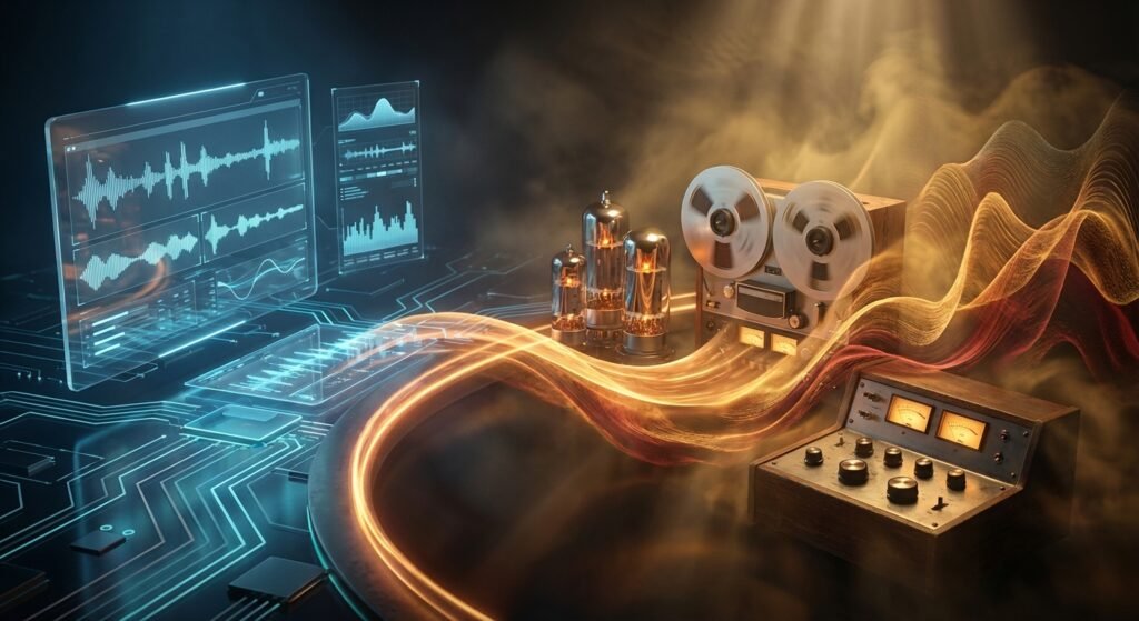 Composición que fusiona tecnología de audio moderna y vintage, mostrando pantallas holográficas con ondas de sonido digitales sobre un circuito electrónico azul, y equipos retro como válvulas de vacío encendidas, una grabadora de cinta de carrete abierto y un mezclador analógico, conectados por ondas de luz doradas y anaranjadas.