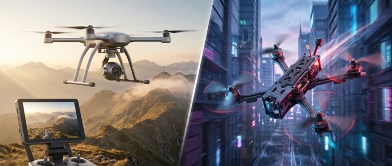 Un dron de cámara profesional sobre montañas al atardecer y un dron de carreras FPV en movimiento rápido sobre una ciudad futurista con luces de neón.