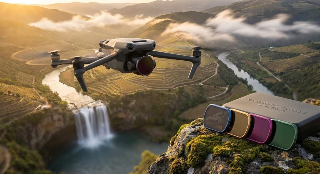 Un dron DJI Mavic 3 con un filtro dorado en la cámara sobrevuela un valle montañoso con un río, una cascada y terrazas agrícolas, bajo una luz dorada. En primer plano, sobre una roca con musgo, se ven un estuche de filtros ND 'Cinematic Aerials' y cuatro filtros de colores (azul, dorado, magenta, verde).