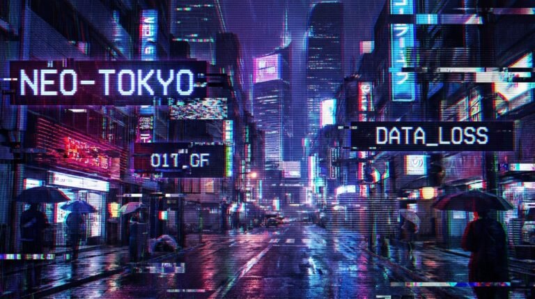 Calle de ciudad futurista lluviosa de noche con efecto de glitch, estilo cyberpunk. Se aprecian luces de neón brillantes en tonos morados y azules, rascacielos al fondo y personas caminando con paraguas. En la imagen se ven carteles luminosos con el texto 'NEO-TOKYO' y 'DATA_LOSS'.