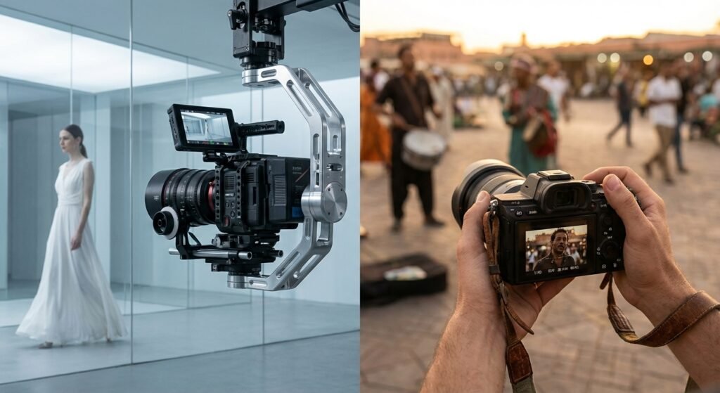 Díptico que muestra en el lado izquierdo una cámara de cine profesional en un gimbal filmando a una mujer con vestido blanco en un estudio, y en el lado derecho, unas manos sosteniendo una cámara mirrorless fotografiando a una persona en una plaza con gente al atardecer.