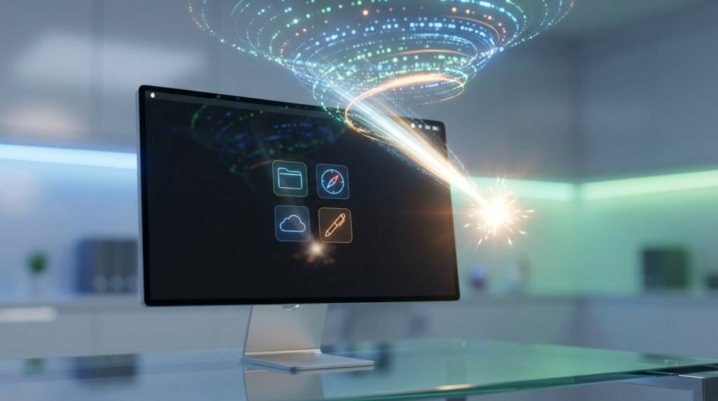 Monitor de ordenador moderno en un escritorio de cristal, mostrando iconos de aplicaciones, con un vórtice de datos digitales luminosos descendiendo y un haz de energía brillante que emerge de la pantalla.