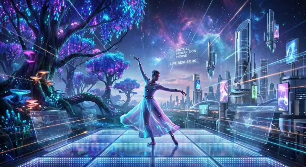 Una bailarina con marcadores de captura de movimiento posa sobre una plataforma luminosa. A la izquierda, un bosque bioluminiscente con árboles y hongos brillantes. A la derecha, una ciudad futurista con rascacielos y pantallas holográficas. En el cielo estrellado, una interfaz muestra 'VIRTUAL PRODUCTION ENGINE LIVE RENDER 8K'.