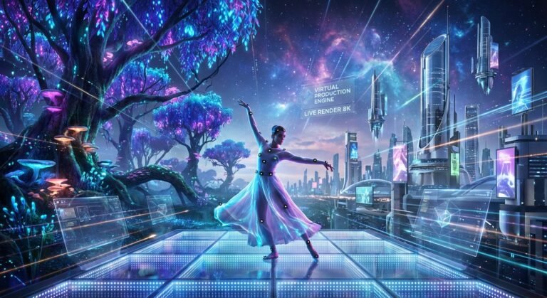 Una bailarina con marcadores de captura de movimiento posa sobre una plataforma luminosa. A la izquierda, un bosque bioluminiscente con árboles y hongos brillantes. A la derecha, una ciudad futurista con rascacielos y pantallas holográficas. En el cielo estrellado, una interfaz muestra 'VIRTUAL PRODUCTION ENGINE LIVE RENDER 8K'.