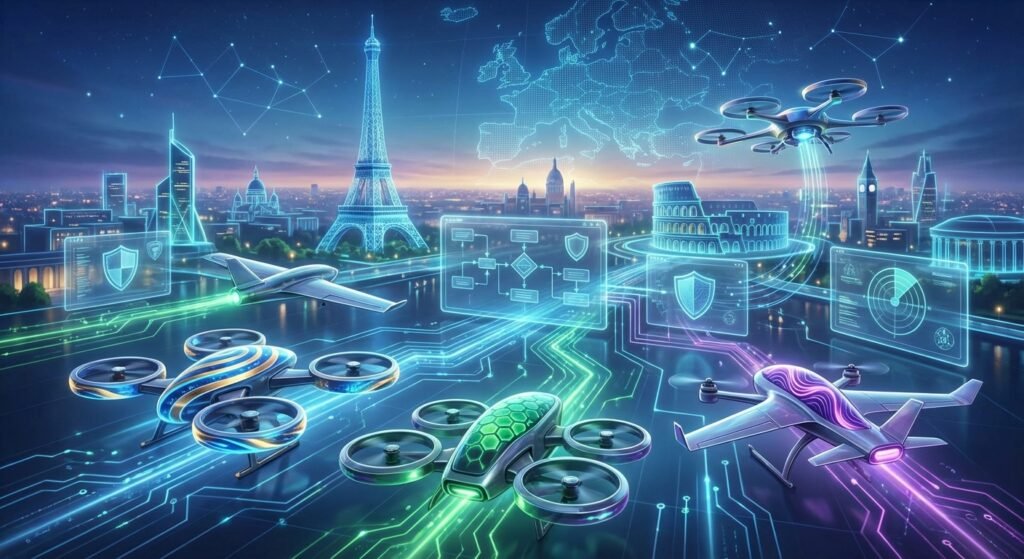 Una representación digital futurista de una ciudad inteligente europea al atardecer, con edificios icónicos como la Torre Eiffel y el Coliseo resaltados en neón azul. En primer plano, varios drones y vehículos aéreos de diseño avanzado vuelan sobre una red de circuitos luminosos. Pantallas holográficas flotantes muestran datos, seguridad cibernética y diagramas de flujo, mientras un mapa digital de Europa y constelaciones brillan en el cielo.