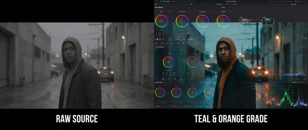 Comparación lado a lado de una imagen de un hombre con sudadera en una calle lluviosa: a la izquierda, la fuente RAW en tonos grises; a la derecha, la misma imagen con una gradación de color teal y naranja aplicada, mostrando al hombre con sudadera naranja y el entorno azulado, con la interfaz de un software de edición de color superpuesta.