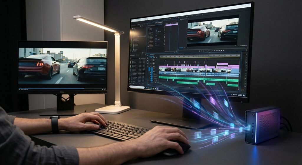 Manos de una persona usando un teclado y un ratón para editar un video en una estación de trabajo. La configuración incluye dos monitores, uno reproduciendo un video de coches en una carretera y el otro mostrando una interfaz de software de edición de video con una línea de tiempo. A la derecha, un mini PC compacto muestra efectos visuales de flujo de datos.