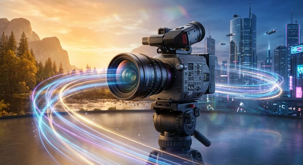 Cámara de vídeo profesional en trípode, con objetivo Cinelux Optics, en un fondo dividido entre un paisaje montañoso al amanecer y una ciudad futurista con rascacielos y vehículos voladores al anochecer, unidos por estelas de luz.