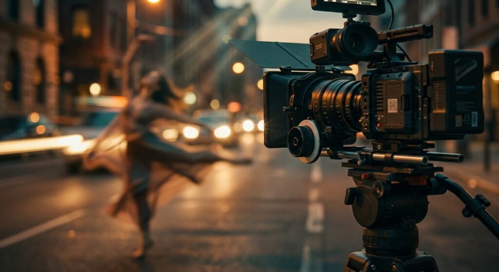 Cámara de cine profesional en trípode grabando en una calle urbana al atardecer, con una figura de bailarina en movimiento desenfocada en el fondo y luces de vehículos.