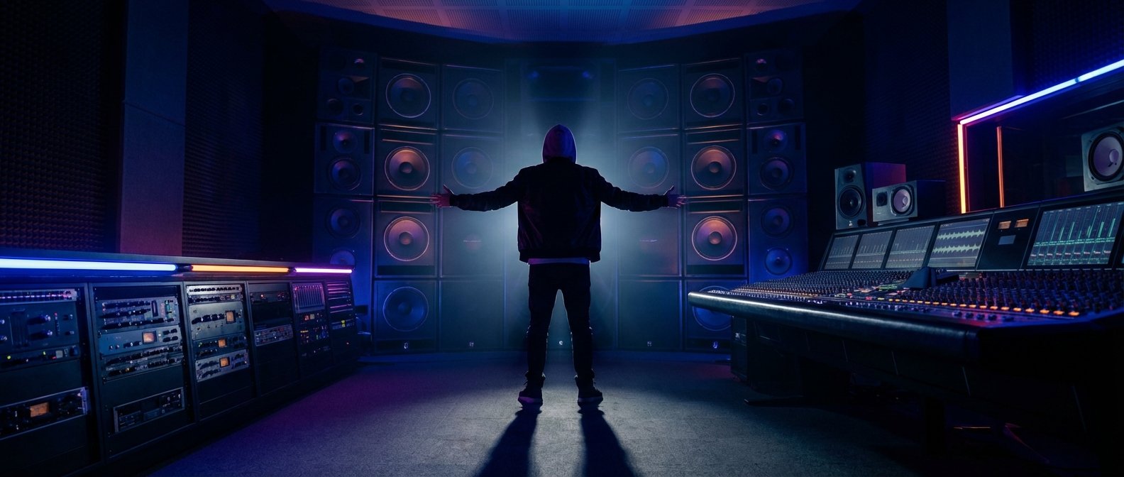 Hombre con sudadera de espaldas en un estudio de música profesional, con los brazos extendidos frente a una pared de altavoces. El estudio cuenta con racks de equipo de audio y una gran consola de mezcla, todo iluminado con luces de neón azules y moradas.