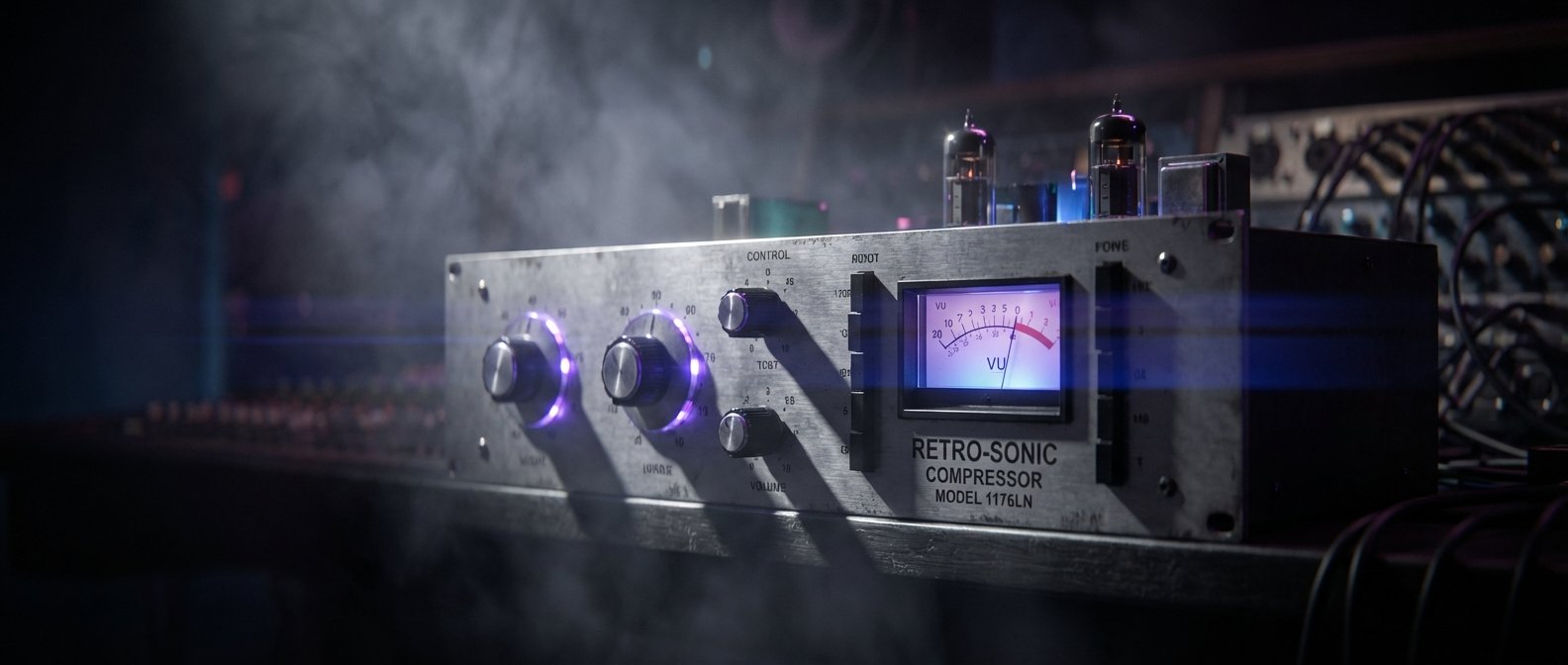 Un compresor de audio estilo retro, modelo 1176LN, con medidor VU y válvulas visibles, iluminado con luces moradas en un ambiente con humo.