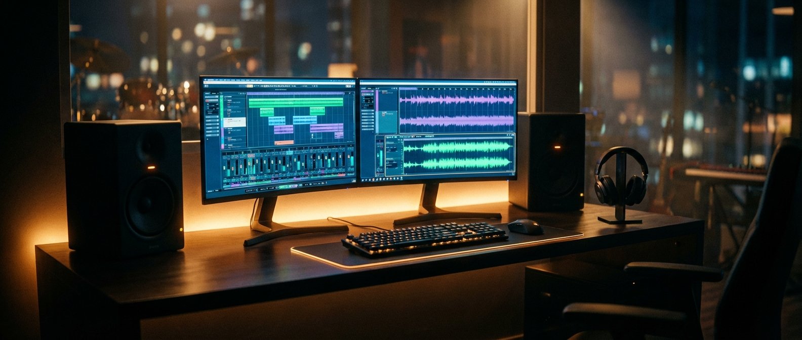 Estudio de producción musical con doble monitor mostrando un software DAW, dos altavoces de estudio, teclado, ratón y auriculares en un soporte, con la ciudad iluminada al fondo.