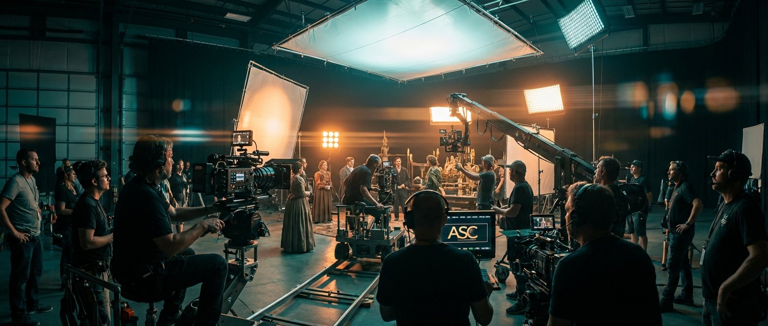 Un amplio equipo de producción cinematográfica trabajando en un set de rodaje profesional. Se aprecian cámaras de cine sobre rieles y una grúa, así como paneles LED y grandes softboxes para iluminación. Numerosos técnicos están presentes, algunos con auriculares, y actores vestidos con atuendos de época en un escenario con decorados intrincados. Un monitor muestra el logo ASC.