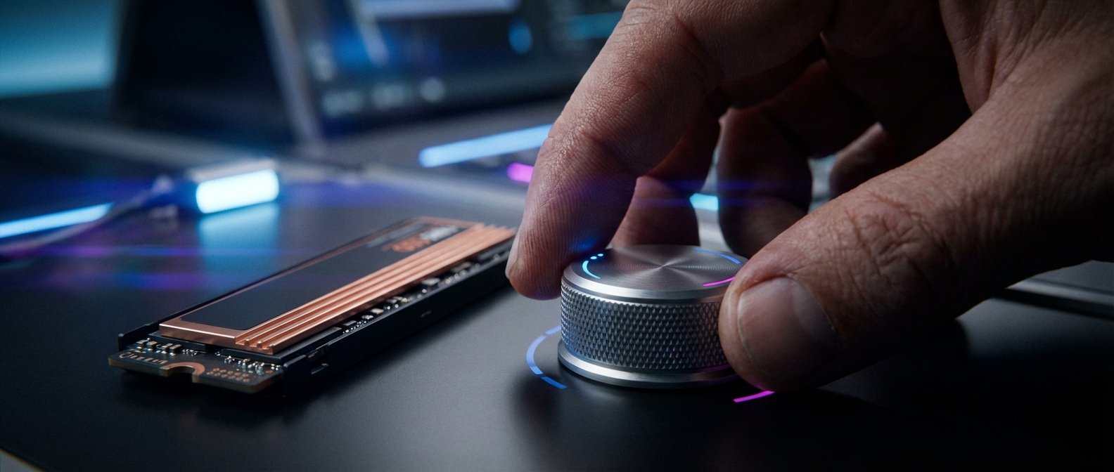 Mano ajustando un dial giratorio metálico con iluminación LED azul y rosa, situado sobre una superficie oscura. Al lado izquierdo, un SSD NVMe con un disipador de calor de cobre. Al fondo, un portátil desenfocado con luces tenues.
