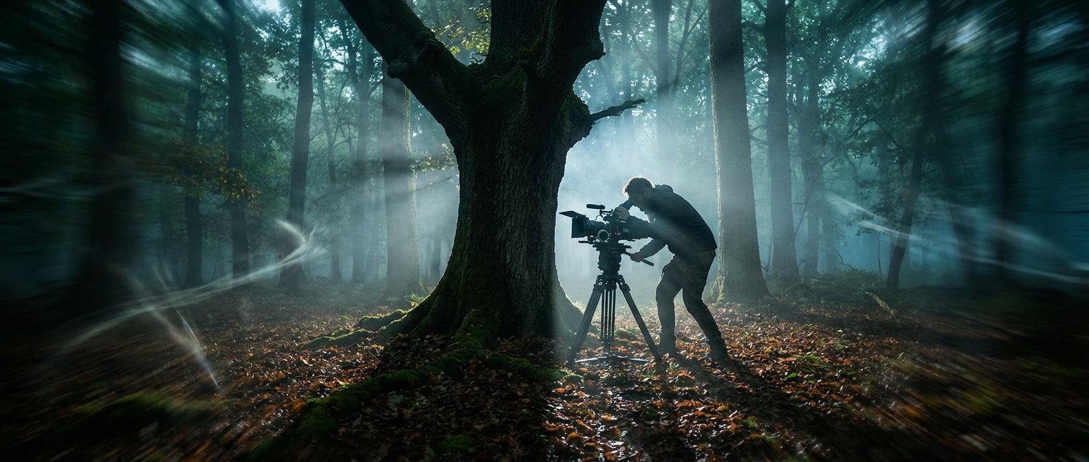 Un cineasta opera una cámara profesional sobre un trípode en un bosque. Rayos de luz atraviesan la neblina entre los árboles, iluminando el suelo cubierto de hojas caídas.