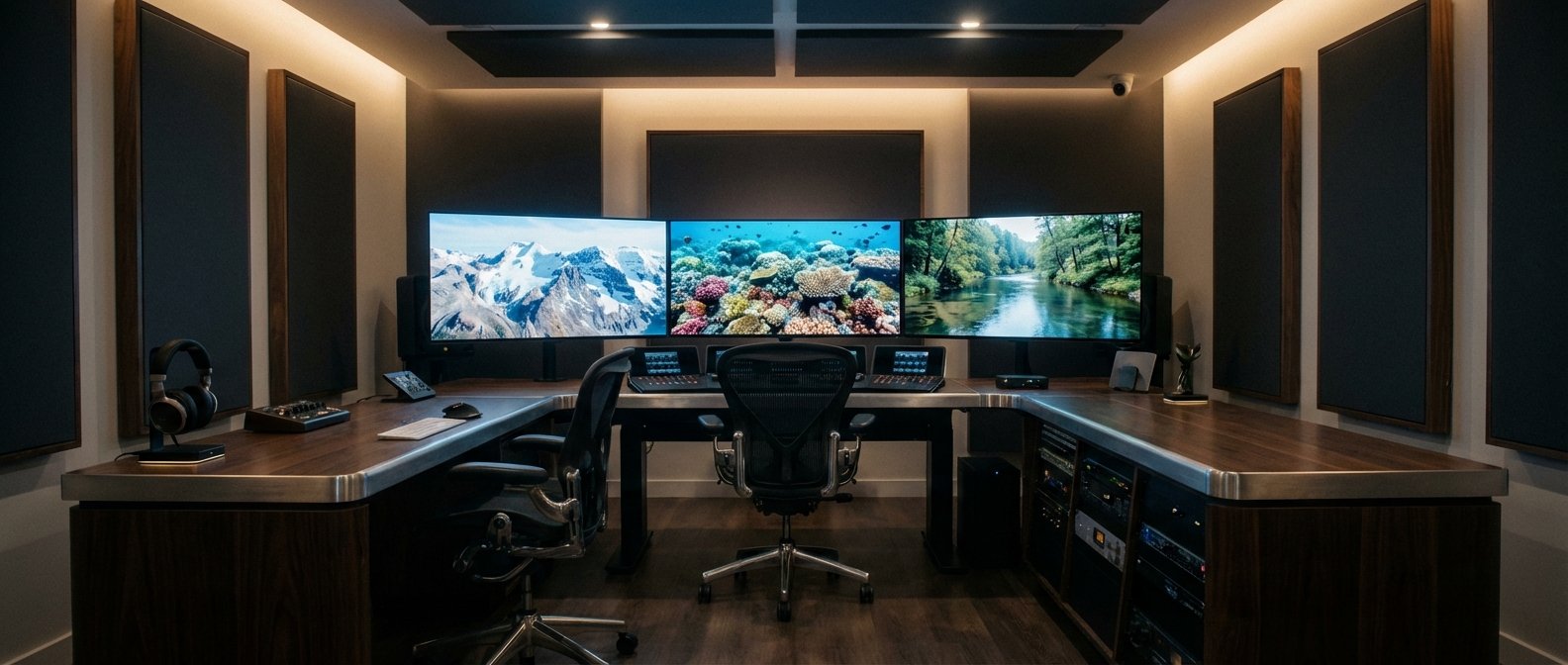 Estudio profesional de edición y postproducción con un gran escritorio en forma de U de madera y metal, tres monitores mostrando paisajes naturales, dos sillas ergonómicas, paneles acústicos en paredes y techo, y equipo de rack.