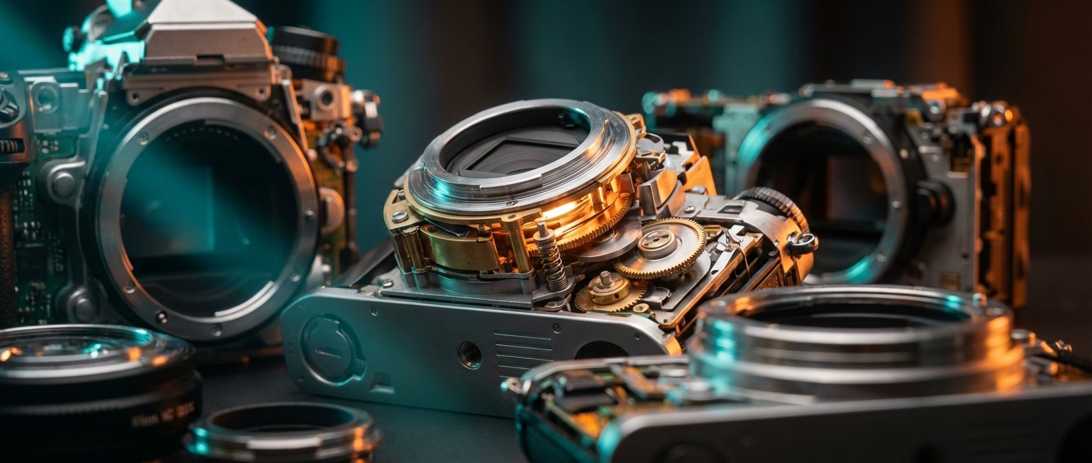 Cámaras fotográficas desmontadas mostrando sus mecanismos internos, incluyendo engranajes, circuitos y sensores, bajo una iluminación dramática en tonos cian y naranja, con lentes adicionales en primer plano.