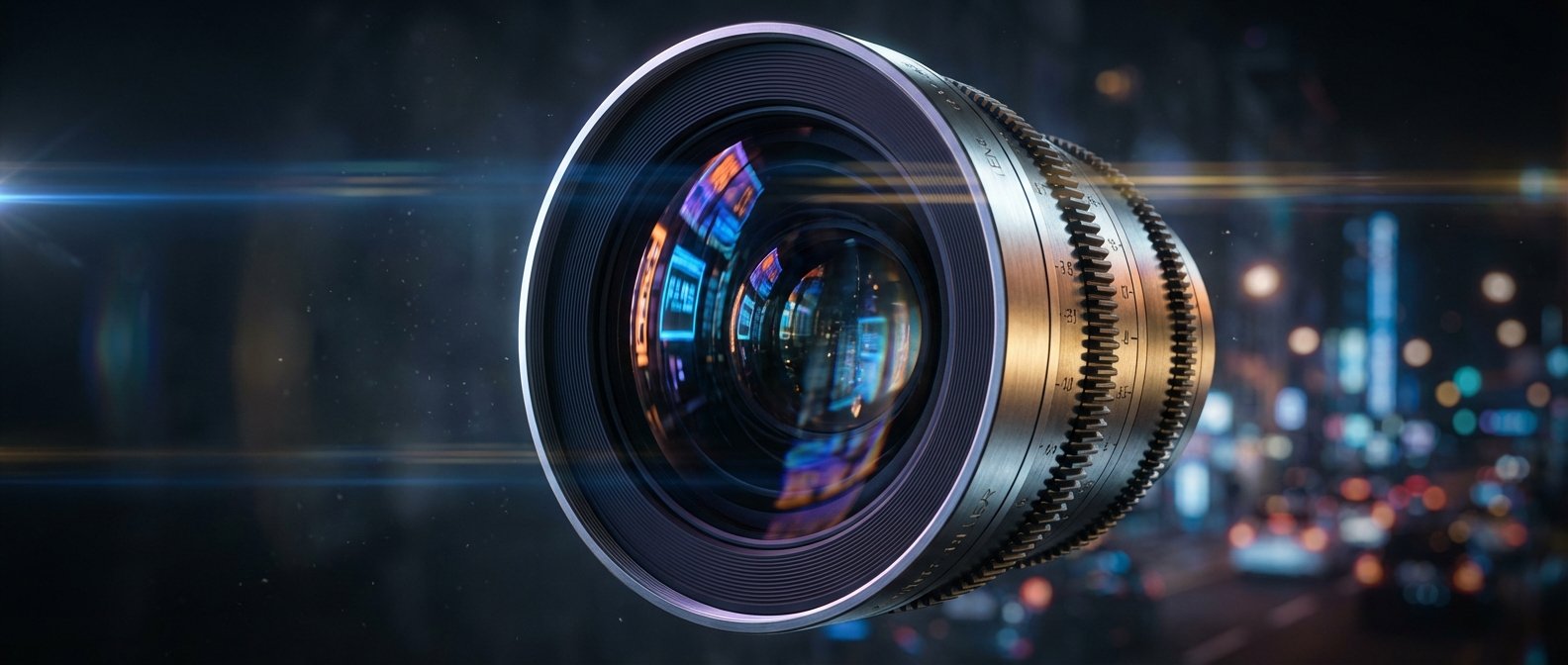 Primer plano de un objetivo de cámara profesional con anillos dentados y reflejos de luces de neón, sobre un fondo de ciudad nocturna desenfocada con luces bokeh y destellos.