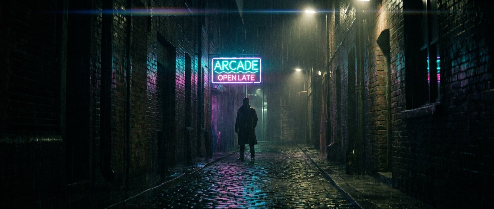 Hombre con gabardina de pie en un oscuro callejón adoquinado bajo la lluvia, con un letrero de neón 'ARCADE OPEN LATE' que ilumina las paredes de ladrillo y el suelo con tonos azules y morados.