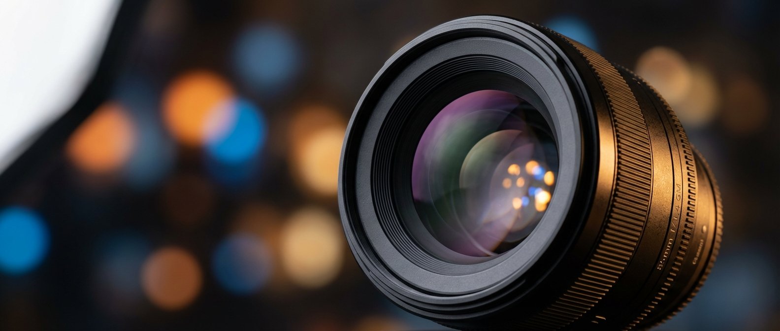 Lente de cámara negro 35mm f/1.4 GM con reflejos coloridos en el cristal y bokeh de luces naranjas y azules en el fondo oscuro.