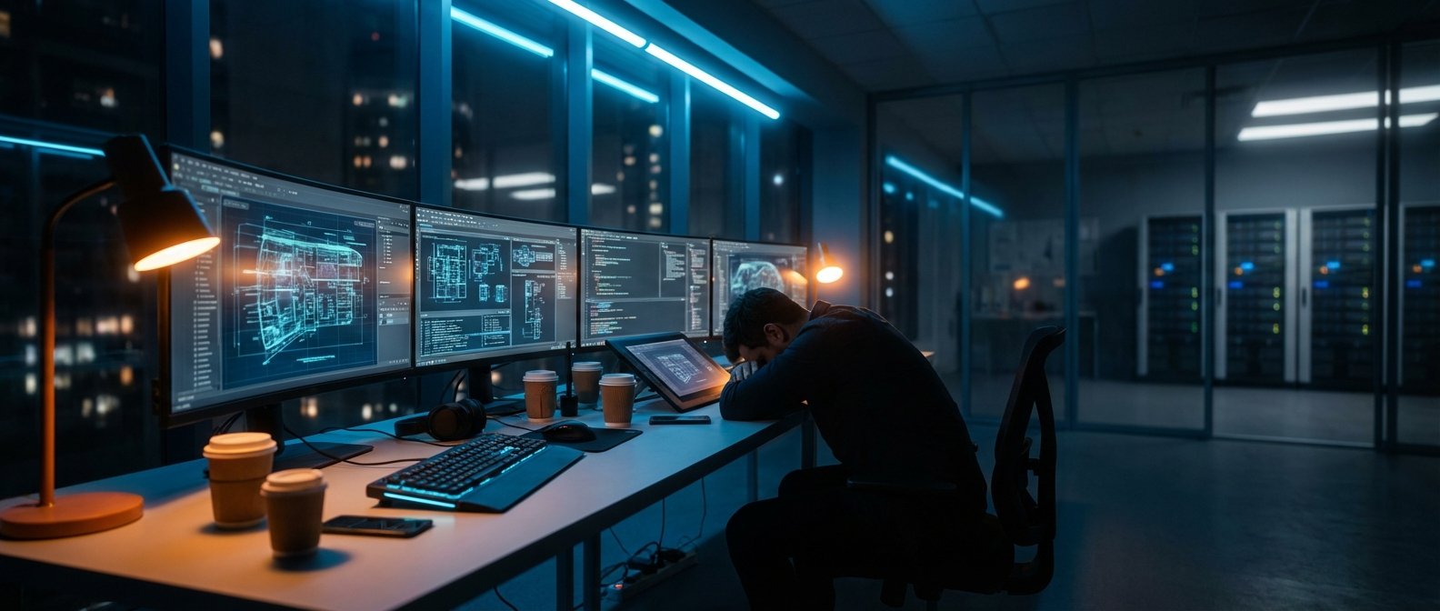 Un hombre agotado duerme con la cabeza apoyada en su escritorio, el cual tiene múltiples monitores mostrando planos técnicos, código y gráficos 3D. En la mesa se ven tazas de café, un teclado y una lámpara encendida. Al fondo, a través de una pared de cristal, se observa un centro de datos con racks de servidores iluminados.
