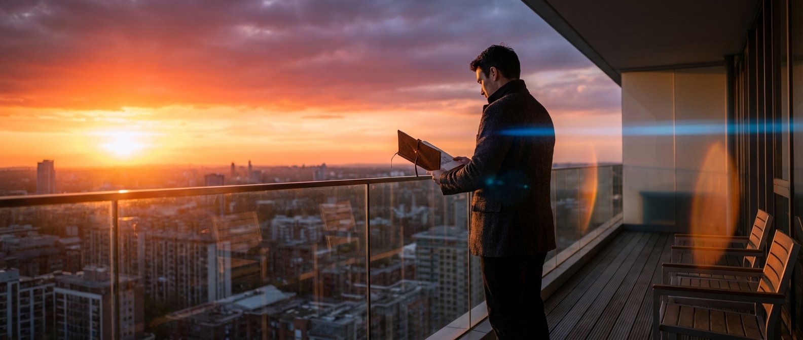 Hombre con abrigo de pie en un balcón con barandilla de cristal, leyendo un libro o tablet, mientras contempla una vista panorámica de una ciudad al atardecer con un cielo naranja y rojo.