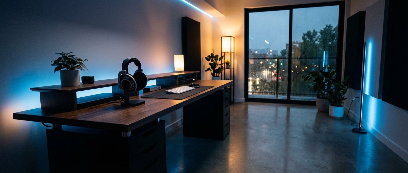 Un moderno setup de oficina en casa o gaming con un gran escritorio de madera oscura, auriculares en un soporte, una planta, un altavoz inteligente y equipo de audio, realzado por iluminación LED azul bajo el escritorio y en la pared. Una gran ventana muestra una ciudad lluviosa de noche. La habitación cuenta con suelo de hormigón pulido, dos lámparas de pie (una cálida y otra azul) y paneles acústicos.