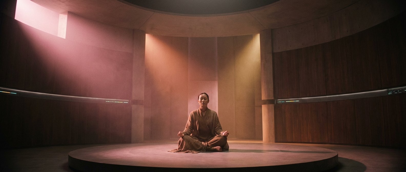 Una persona meditando en posición de loto sobre una plataforma circular en una sala moderna con paredes curvas e iluminación ambiental cálida.