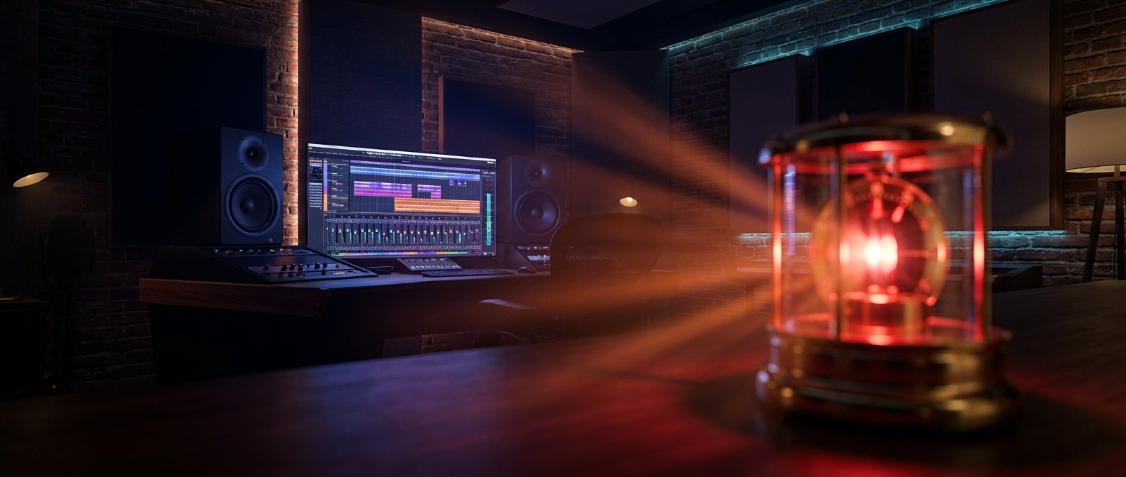 Estudio de producción musical con un monitor de ordenador mostrando un software DAW con pistas de audio y un mezclador, dos altavoces de estudio, una mesa de mezcla en un escritorio de madera, paredes de ladrillo con paneles acústicos, iluminación ambiental roja y azul, y una lámpara tipo linterna roja decorativa en primer plano.
