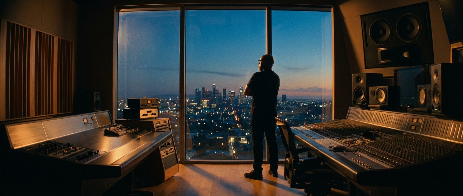 Un hombre de espaldas observa la ciudad iluminada al anochecer desde un estudio de grabación con ventanales panorámicos, dos grandes consolas de mezcla y equipo de audio profesional.