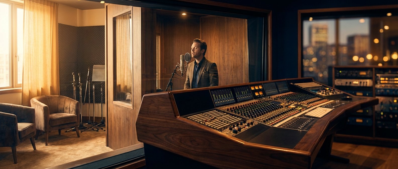 Estudio de grabación profesional mostrando una cabina vocal con un hombre cantando en un micrófono y una sala de control con una gran mesa de mezclas analógica y vistas urbanas nocturnas.