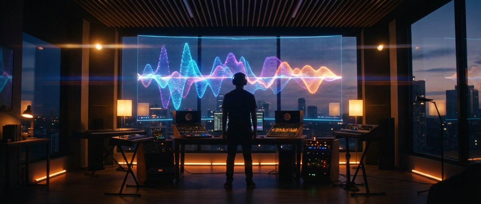Una persona con auriculares de espaldas, mirando ondas de sonido coloridas en una pantalla holográfica grande en un estudio de música moderno con vistas a una ciudad al anochecer.