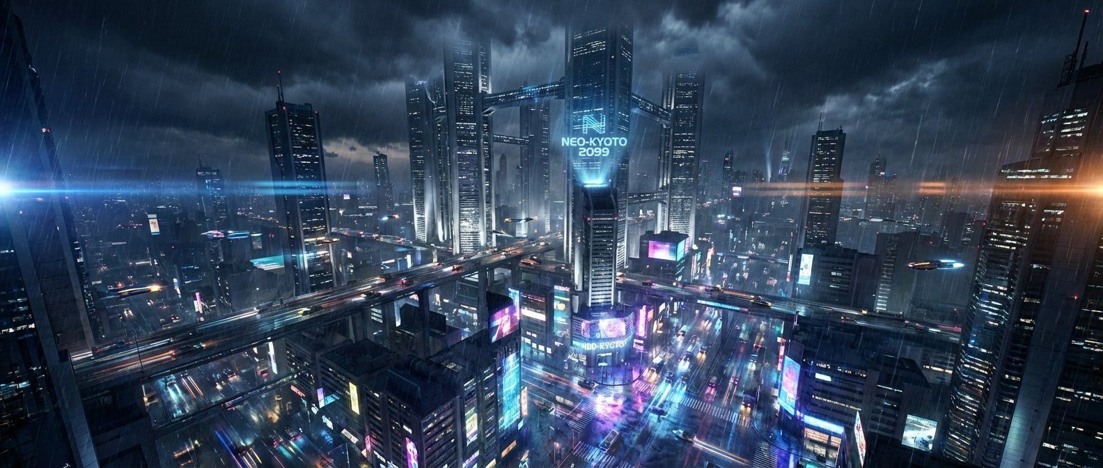 Vista panorámica de una ciudad futurista nocturna y lluviosa con rascacielos iluminados, puentes elevados, tráfico en autopistas y vehículos voladores, destacando un cartel holográfico 