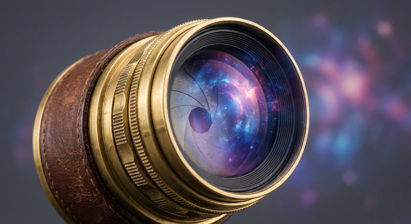 Lente de cámara vintage de latón y cuero marrón, con una nebulosa colorida visible a través de su apertura.