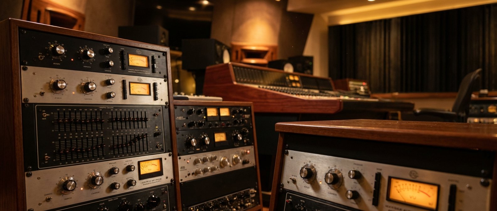 Un estudio de grabación profesional con racks de equipos de audio vintage en primer plano y una gran mesa de mezclas desenfocada al fondo. Los equipos tienen medidores VU, perillas y ecualizadores gráficos, con marcos de madera.
