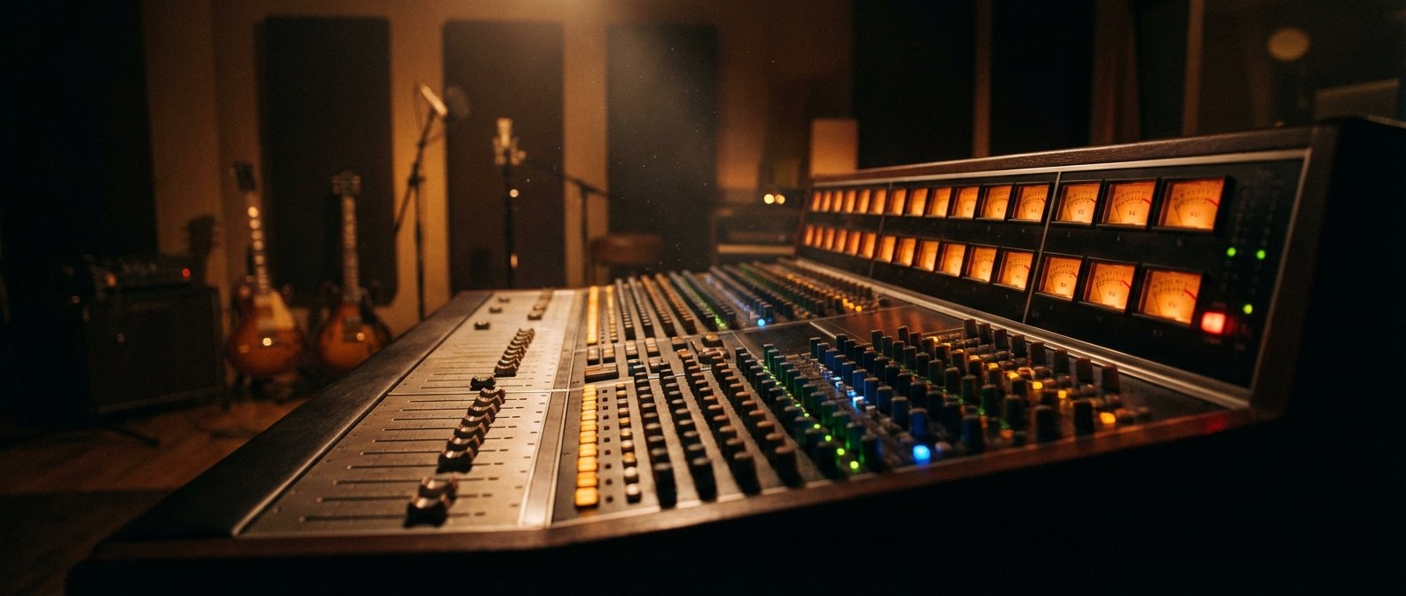 Mesa de mezclas de audio profesional con faders y medidores iluminados en un estudio de grabación con guitarras y micrófonos al fondo.}