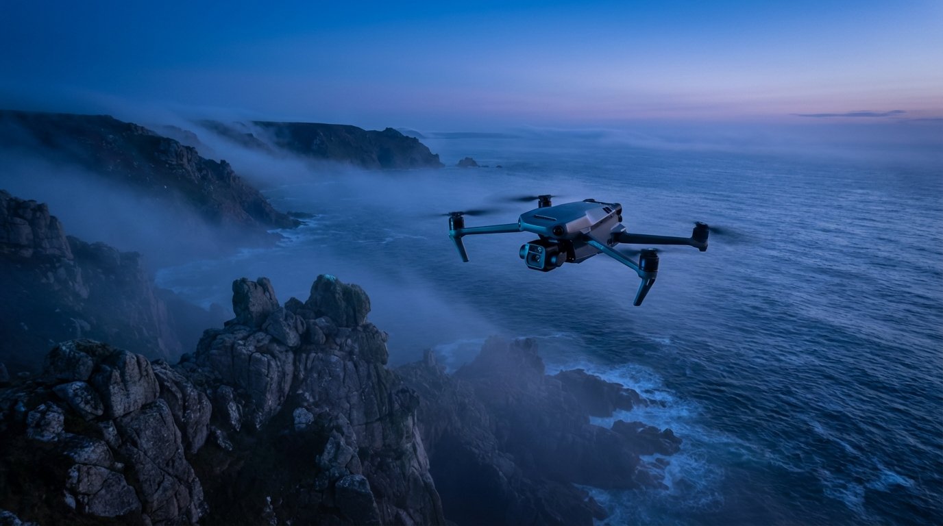 Un drone vuela sobre una costa rocosa con acantilados envueltos en niebla, y el mar oscuro bajo un cielo azulado al atardecer.