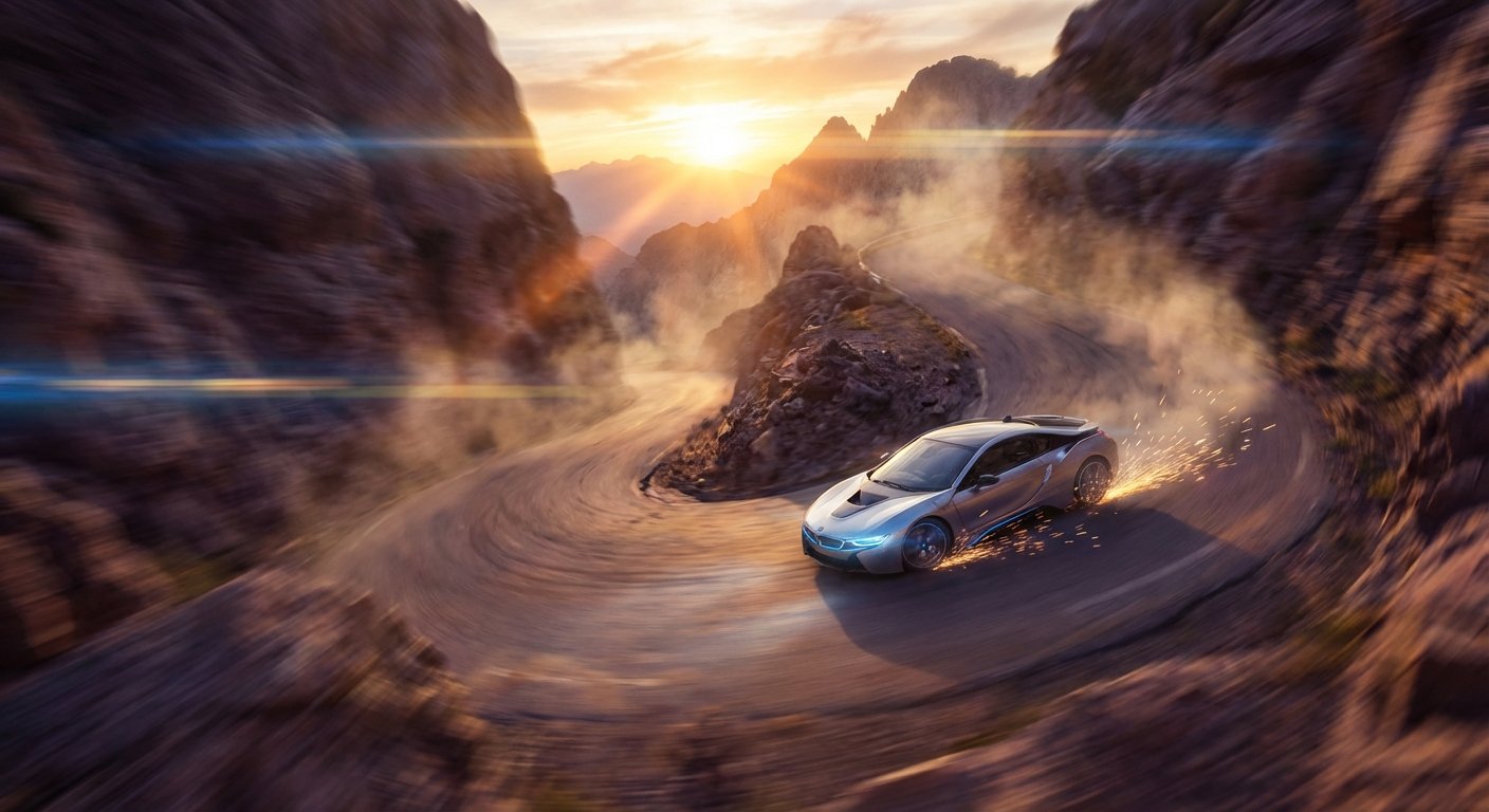 Un coche deportivo BMW i8 plateado derrapando en una carretera sinuosa de montaña, con chispas en las ruedas y un atardecer vibrante sobre el paisaje rocoso.