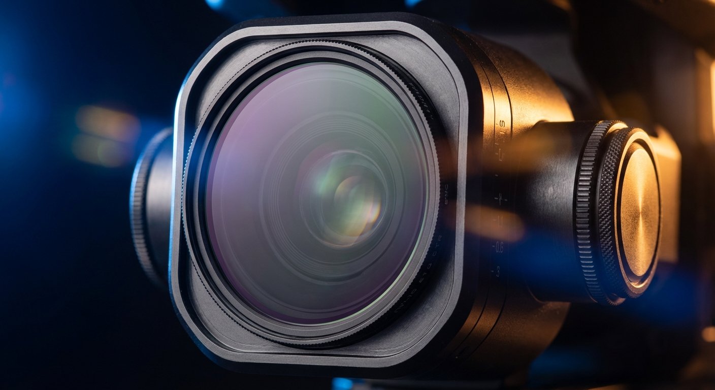 Primer plano de la lente de una cámara profesional con reflejos de luz azul y naranja, mostrando los anillos de ajuste y las marcas en el cuerpo de la lente.