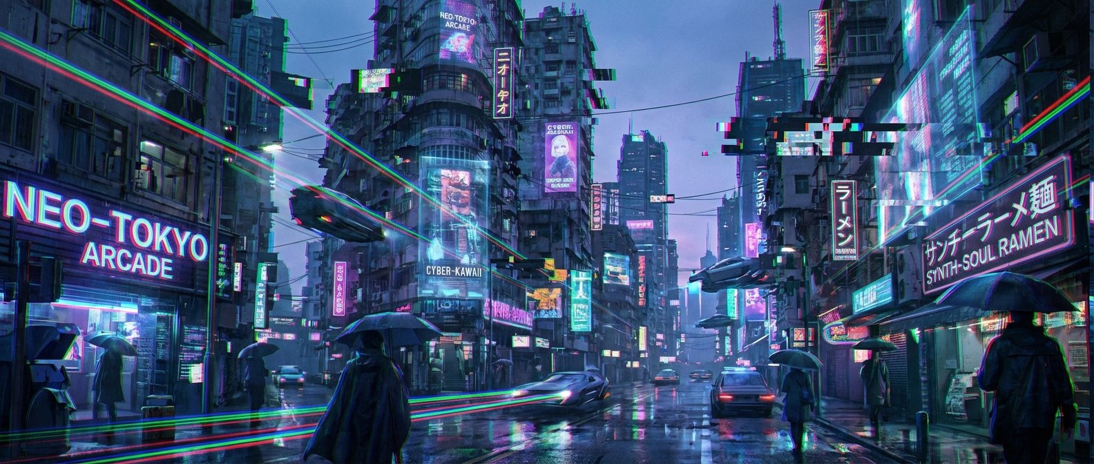 Calle concurrida de una ciudad futurista al estilo cyberpunk, inspirada en Neo-Tokio, durante una noche lluviosa. La escena muestra edificios altos cubiertos de luces de neón vibrantes, pantallas holográficas con texto en japonés e inglés, vehículos voladores, coches circulando y personas con paraguas caminando sobre el asfalto mojado que refleja intensamente las luces de la urbe.