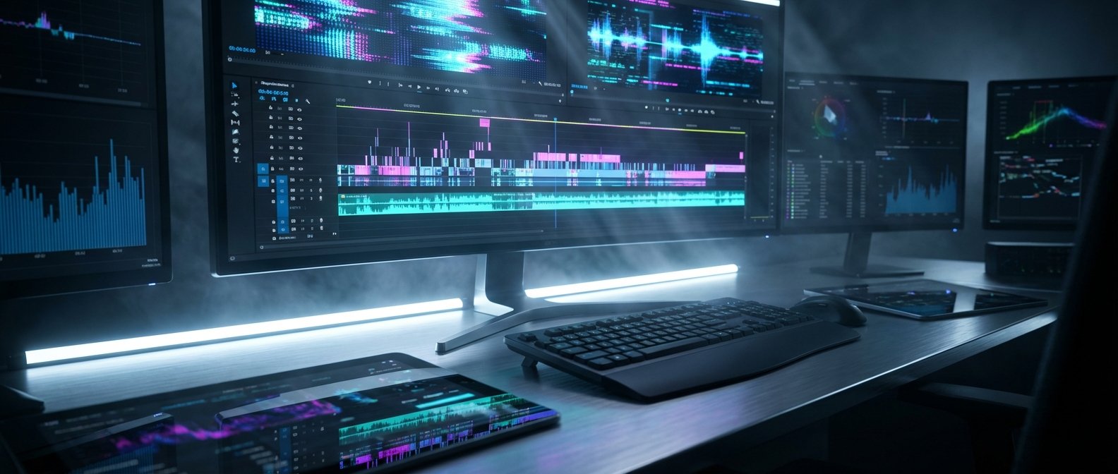Estación de trabajo con múltiples monitores mostrando software de edición de video, gráficos de datos y elementos visuales. Un teclado, ratón y tablet se encuentran en el escritorio, iluminado por una luz LED.